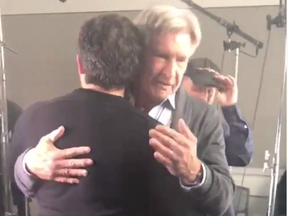 Harrison Ford hugs Alden Ehrenreich during an interview at the press junket for Solo: A Star Wars Story. (Twitter/Entertainment Tonight)