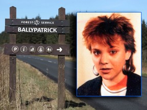 FILE  - This is a  April 5, 2018 file photo, of a sign for Ballypatrick Forest in Co Antrim, Northern Ireland, where the body of 18-year-old Inga Maria Hauser (inset) was found on April 20 1988.