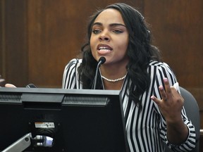 Shayanna Jenkins-Hernandez, fiancee of former New England Patriots player Aaron Hernandez, testifies in Suffolk Superior Court during his trial for the July 2012 killings of Daniel de Abreu and Safiro Furtado, on Thursday, March 30, 2017, in Boston. (Josh Reynolds /The Boston Globe via AP, Pool)
