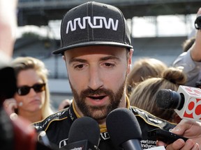 James Hinchcliffe, of Canada, talks with the media after he did not qualify for the IndyCar Indianapolis 500 auto race at Indianapolis Motor Speedway in Indianapolis on May 19, 2018
