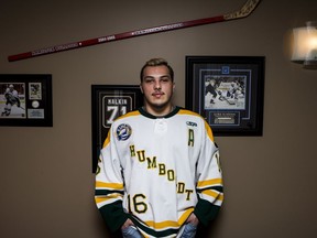 Kaleb Dahlgren, one of the survivors of the deadly Humboldt Broncos bus crash, stands for a portrait in his home in Saskatoon on Monday, May, 7, 2018.