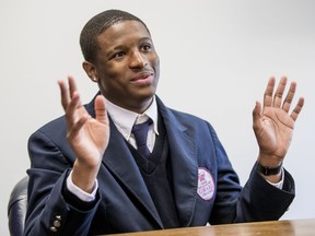 In a May 14, 2018 photo, Philadelphia's Girard College student Richard "Tre" Jenkins talks about the moment he opened the Harvard website portal, while he was in Paris for a school trip, and found out he had been offered a full scholarship to Harvard. Jenkins says he used to sleep in a homeless shelter and was nicknamed "Harvard" by bullies for being a bookworm.