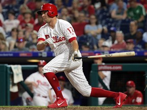 Rhys Hoskins of the Philadelphia Phillies hits during a game against the Toronto Blue Jays at Citizens Bank Park on May 25, 2018 in Philadelphia. (Hunter Martin/Getty Images)