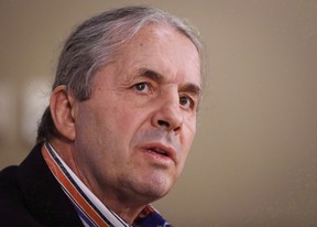 Former professional wrestler Bret Hart is shown at a news conference in Calgary, Alta., Monday, March 7, 2016.THE CANADIAN PRESS/Jeff McIntosh ORG XMIT: CPT112