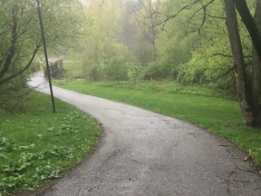 A Mississauga, Ont., trail where a senior was assaulted on May 14, 2018.