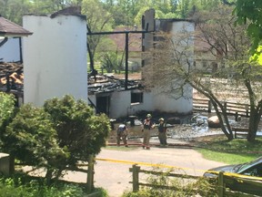 The charred remains at Sunnybrook Stables in Toronto after a fire on Monday, May 21, 2018.