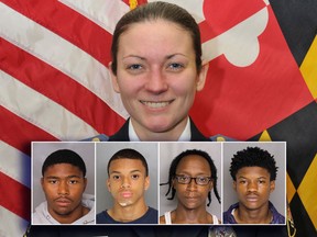 (Inset, from left) Darrell Jaymar Ward, Eugene Robert Genius, Derrick Eugene Matthews and Dawnta Anthony Harris, are charged as adults with first-degree murder in the death of Maryland police officer Amy Caprio on Monday, May 21.