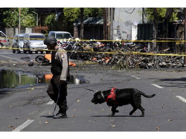 An officer leads a sniffer dog at one of the sites of church attacks in Surabaya, East Java, Indonesia, Sunday, May 13, 2018.