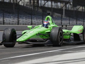IndyCar driver Danica Patrick drives at the Indianapolis Motor Speedway in Indianapolis, Tuesday, May 1, 2018.