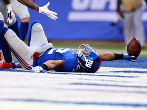 EAST RUTHERFORD, NJ - JANUARY 03: Rueben Randle #82 of the New York Giants celebrates after scoring a 45 yard touchdown in the third quarter to take the lead in their game against the Philadelphia Eagles at MetLife Stadium on January 3, 2016 in East Rutherford, New Jersey. (Photo by Elsa/Getty Images)