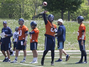 Toronto Argonauts quarterback James Franklin throws at the team's practice today at York University in Toronto Thursday May 24, 2018. (Stan Behal/Toronto Sun)