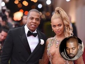 Kanye West (inset) was hurt Jay Z (L) and Beyonce didn't go to his wedding in 2014.