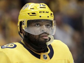 Nashville Predators defenseman P.K. Subban waits for play to resume after the Winnipeg Jets scored during the third period in Game 7 of an NHL hockey second-round playoff series Thursday, May 10, 2018, in Nashville, Tenn.