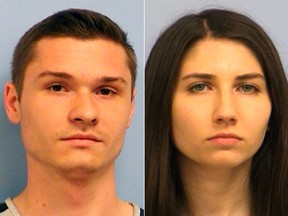 These photo provided by the Travis County Jail in Austin, Texas, show Nicolas Patrick Shaughnessy (L) and Jaclyn Alexa Edison,  who were arrested Tuesday, May 29, 2018 on allegations that they conspired to hire a gunman to kill Shaughnessy's father, a jeweller slain in his home in March.