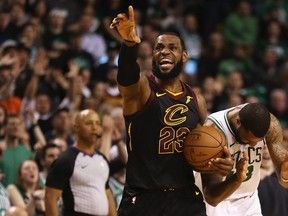 LeBron James of the Cleveland Cavaliers reacts in the second half against the Boston Celtics during Game Seven of the 2018 NBA Eastern Conference Finals at TD Garden on May 27, 2018 in Boston, Massachusetts.  (Maddie Meyer/Getty Images)