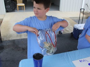 Andrew Emery collects donations at a lemonade stand he set up in Greenwood, S.C., to benefit his baby brother, Dylan, on Saturday, May 26, 2018. (Adam Benson/The Index-Journal via AP)