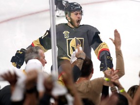 Jonathan Marchessault of the Vegas Golden Knights celebrates a goal against the Winnipeg Jets in Game 3 of the Western Conference finals at T-Mobile Arena on May 16, 2018