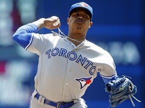 Blue Jays pitcher Marcus Stroman delivers a pitch to the plate against the Twins during first inning MLB action in Minneapolis, Wednesday, May 2, 2018.