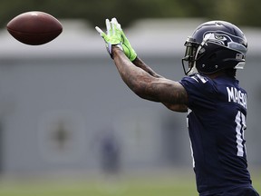 Seattle Seahawks wide receiver Brandon Marshall makes a catch during practice, Wednesday, May 30, 2018, in Renton, Wash. (AP Photo/Ted S. Warren)