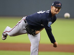 In this March 27, 2018, file photo, Atlanta Braves pitcher Mike Soroka throws during an exhibition game in Atlanta. (Curtis Compton/Atlanta Journal-Constitution via AP, File)