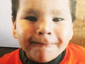 Sweetgrass Kennedy, 4, is seen in this undated police handout photo. Police in Prince Albert, Sask., are asking for help to find a little boy who was last seen on Thursday afternoon. Four-year-old Sweetgrass Kennedy was last seen wearing a light-blue Star Wars hoodie and orange Halloween pants. THE CANADIAN PRESS/HO, Prince Albert Police Service