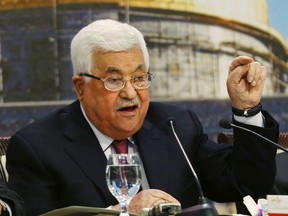Palestinian President Mahmoud Abbas speaks during a meeting of the Palestinian National Council at his headquarters in the West Bank city of Ramallah, Monday, April 30, 2018.
