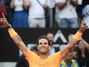 Spain's Rafael Nadal celebrates after winning the Men's final against Germany's Alexander Zverev at Rome's ATP Tennis Open tournament at the Foro Italico, on May 20, 2018 in Rome. (FILIPPO MONTEFORTE/AFP/Getty Images)