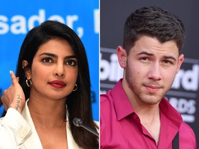 UNICEF Goodwill Ambassador Indian actress Priyanka Chopra speaks during a press conference in the Bangladeshi capital Dhaka on May 24, 2018. Chopra has been visiting Rohingya refugee camps in the distrcit of Ukhia. / AFP PHOTO / MUNIR UZ ZAMANMUNIR UZ ZAMAN/AFP/Getty Images and
Nick Jonas arrives at the Billboard Music Awards at the MGM Grand Garden Arena on Sunday, May 20, 2018, in Las Vegas. (Photo by Jordan Strauss/Invision/AP)