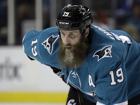In this Jan. 23, 2018, file photo, San Jose Sharks' Joe Thornton (19) is shown during a game against the Winnipeg Jets, in San Jose, Calif.