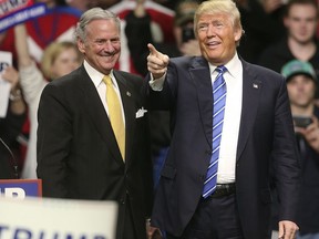 In this Feb. 5, 2016 file photo, then-Republican presidential candidate Donald Trump, right, points to the crowd as he stands with South Carolina Gov. Henry McMaster, at a campaign rally in Florence, S.C.