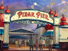 This computer-generated image provided by Disney shows an artist concept of what Pixar Pier will look like when it opens June 23, 2018, at Disney California Adventure Park in Anaheim, Calif. Rides will include the new Incredicoaster in one of four neighborhoods themed on Pixar stories and characters. Pixar Pier is one of a number of new attractions at theme parks around the country this season. (Disney*Pixar/Disneyland Resort via AP)