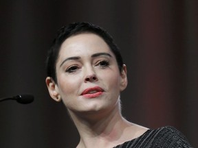 In this Oct. 27, 2017, file photo, actress Rose McGowan speaks at the inaugural Women's Convention in Detroit.