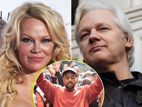 Pamela Anderson (L) wants Kanye West (C) to help Julian Assange. (Carlos Alvarez/Getty Images/Jack Taylor/Getty Images/Dimitrios Kambouris/Getty Images for Yeezy Season 3)