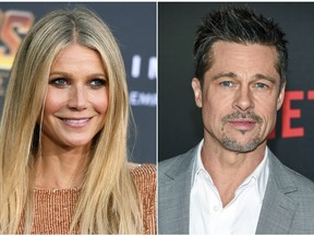 This combination photo shows Gwyneth Paltrow at the world premiere of "Avengers: Infinity War" on April 23, 2018, in Los Angeles, left, and Brad Pitt at the premiere of Netflix's "Okja" on June 8, 2017, in New York. Paltrow says ex-boyfriend Pitt threatened producer Harvey Weinstein after an alleged incident of sexual misconduct. The 45-year-old actress told "The Howard Stern Show" on Wednesday, May 23, 2018, that she was 22 when Weinstein placed her hands on her at a hotel and suggested they go to a bedroom for massages. Paltrow said she told Pitt what happened and the actor confronted Weinstein at a Broadway opening. (AP Photo)