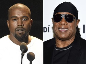 In this combination photo Kanye West speaks at the MTV Video Music Awards in New York on Aug. 28, 2016, left, and Stevie Wonder attends the TIDAL X: Brooklyn 3rd Annual Benefit Concert in New York on Oct. 17, 2017.  Wonder has called out West for saying slavery is a "choice," calling the idea "foolishness" likening it to Holocaust denial. Wonder brought up West without prompting during an interview Thursday, May 10, 2018, after a show at a West Hollywood club. (AP Photo)