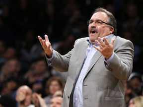 In this April 1, 2018, file photo, Detroit Pistons coach Stan Van Gundy reacts during a game against the Brooklyn Nets, in New York.