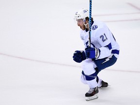 Tampa Bay Lightning centre Brayden Point celebrates his goal during the second period of Game 3 against the Washington Capitals on May 15, 2018