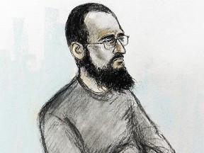 Court artist sketch by Elizabeth Cook of Husnain Rashid in the dock at Westminster Magistrates' Court in London, Wednesday Dec. 6, 2017 where he appeared accused of helping would-be terrorists prepare attacks, including by sharing a photo of Prince George and his school address on social media. (Elizabeth Cook/PA via AP)