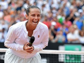 Italy's Roberta Vinci addresses the audience at the Italian Open tennis tournament in Rome, Monday, May 14, 2018.