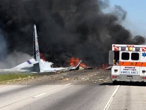 A U.S. military plane crashed on a road in Savannah, Ga., and went up in flames on Wednesday, May 2, 2018.