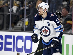 Winnipeg Jets centre Mark Scheifele celebrates after scoring against the Vegas Golden Knights Wednesday, May 16, 2018, in Las Vegas. (AP Photo/John Locher)