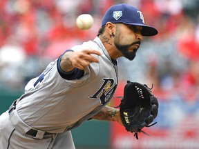 Sergio Romo of the Tampa Bay Rays pitches in the first inning against the Los Angeles Angels of Anaheim at Angel Stadium on May 20, 2018 in Anaheim. (Jayne Kamin-Oncea/Getty Images)