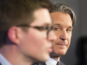 Leafs' president Brendan Shanahan introduces Kyle Dubas as the team's new general manager in Toronto on Friday, May 11, 2018. (Stan Behal/Toronto Sun)