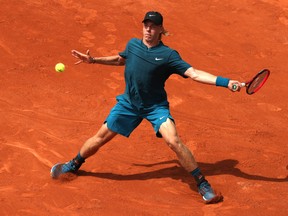 Denis Shapovalov plays a forehand during his men's singles match against Maximilian Marterer at the French Open at Roland Garros on May 31, 2018