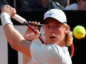 Canada's Denis Shapovalov hits a return to Spain's Rafael Nadal during Rome's ATP Tennis Open tournament at the Foro Italico, on May 17, 2018 in Rome.