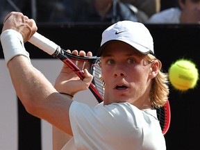 Canada's Denis Shapovalov hits a return to Rafael Nadal during the Italian Open May 17, 2018 in Rome. (Getty Images)