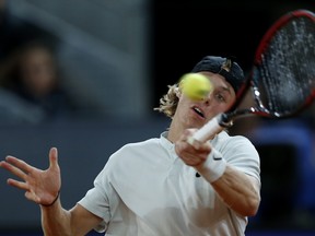Canada's Denis Shapovalov returns a ball from Germany's Alexander Zverev during a Madrid Open tennis tournament semifinal match in Madrid, Spain, Saturday, May 12, 2018. Zverev won 6-4, 6-1. (AP Photo/Francisco Seco)