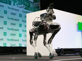 Boston Dynamics' Spot robot appears on stage during day 1 of TechCrunch Disrupt London at the Copper Box on December 5, 2016 in London.  (John Phillips/Getty Images for TechCrunch)