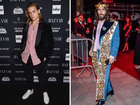 Dylan Sprouse attends Harper's BAZAAR Celebration of 'ICONS By Carine Roitfeld' at The Plaza Hotel presented by Infor, Laura Mercier, Stella Artois, FUJIFILM and SWAROVSKI on September 8, 2017 in New York City. (Photo by Dimitrios Kambouris/Getty Images for Harper's BAZAAR) and Jared Leto attends Heavenly Bodies: Fashion & The Catholic Imagination Costume Institute Gala after party at the Standard Hotel on May 7, 2018 in New York City. (Photo by Roy Rochlin/Getty Images)