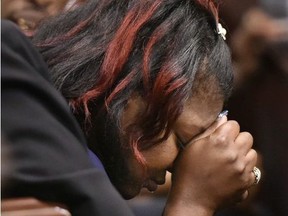 Shanara Mobley, mother of Kamiyah Mobley, cries before the sentencing hearing for Gloria Williams, Thursday, May 3, 2018 at the Duval County Courthouse in Jacksonville, Florida. (Will Dickey/The Florida Times-Union via AP, Pool)
